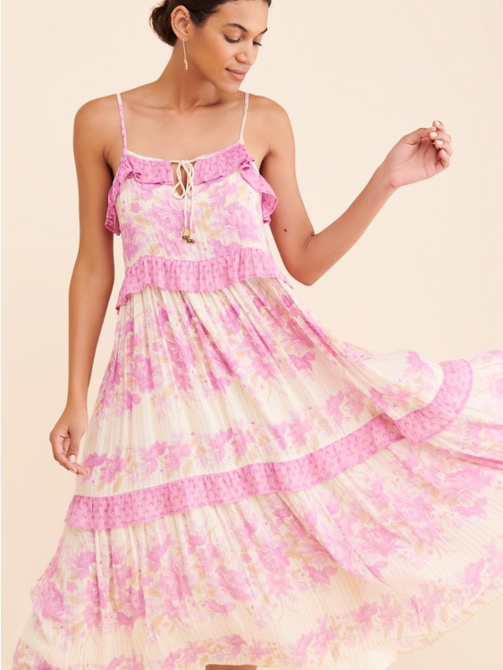 Spell Pink Floral Tiered Midi Dress